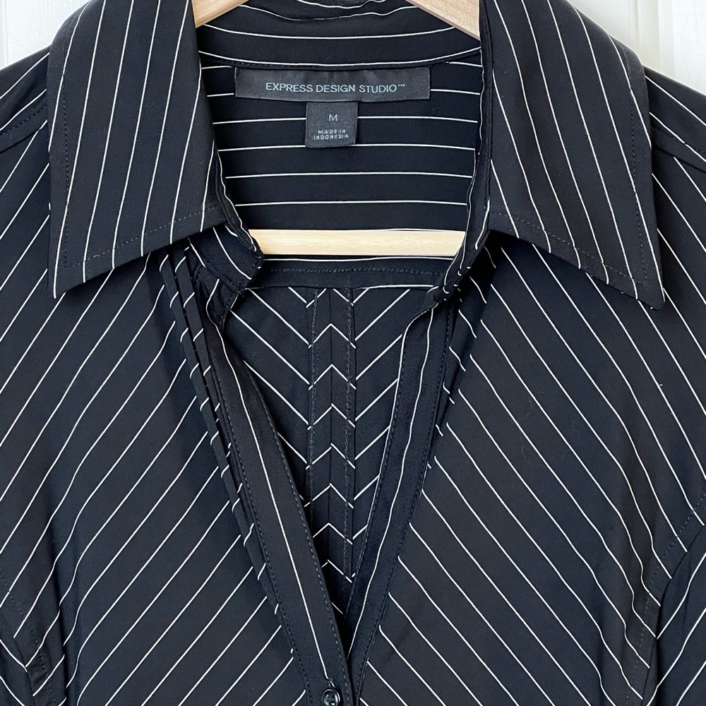 Express Tops | Express Design Studio Black with White Pinstripe V-Neck, Medium - Picture 2 of 7